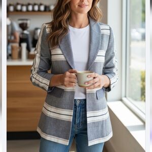 Becken Stripe Cotton Drill Blazer Jacket  Navy /Red/ Off White  Size 4 NWT